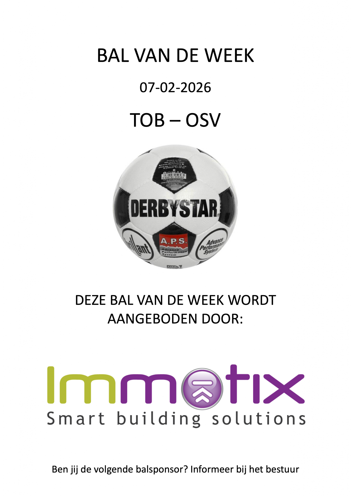 Bal van de week 7 februari TOB-OSV: Immotix