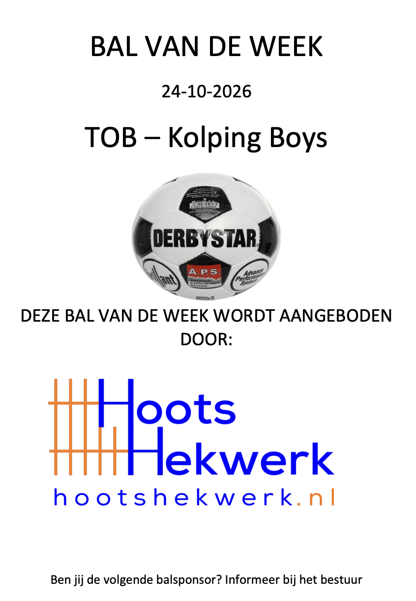Bal van de week 24/10 TOB - Kolping Boys: Hoots Hekwerken